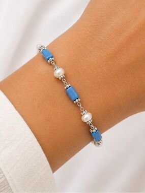 NEW - Geniune Turquoise, Pearl and Sterling Silver Beaded Boho Chic Bracelet